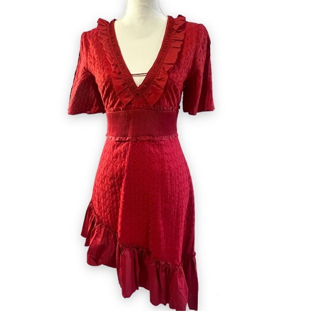 Finders Keepers Women's Red Asymmetrical Ruffled Collar Memento Dress Size Mediu
